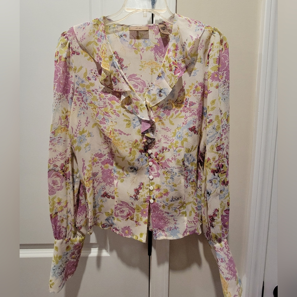 I.E. Floral Ruffle Silk Blouse - Lavender and Green